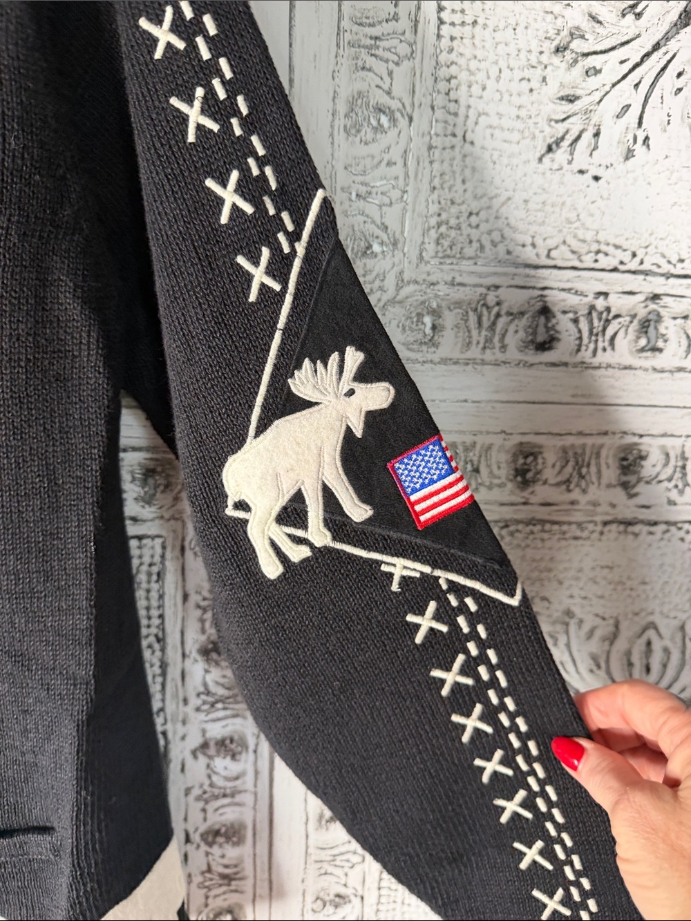 Vtg Ann Trinity Black Moose Zip-Front Sweater Jacket - Picture 2 of 7
